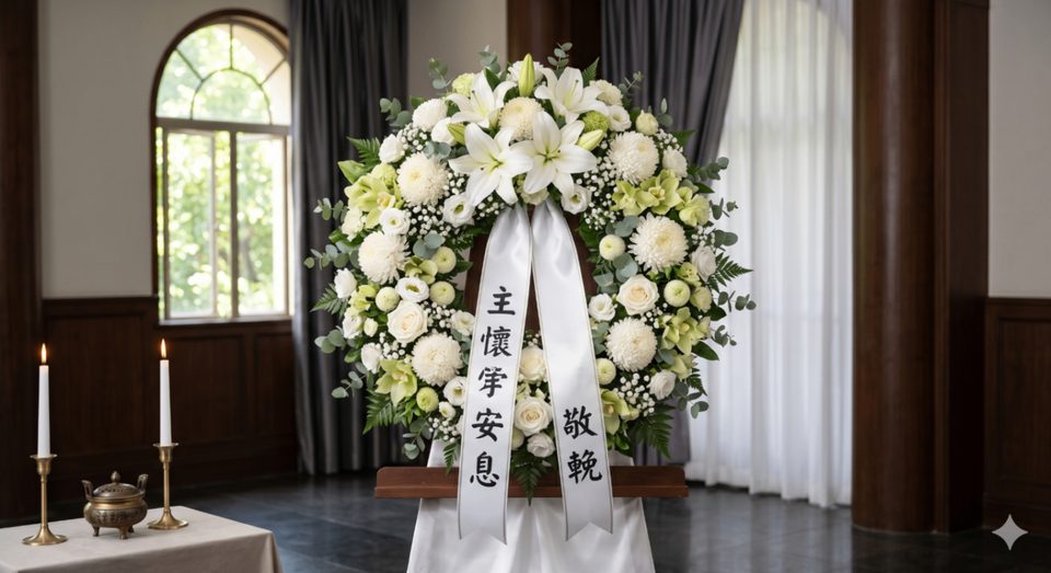 金多福中西殯儀服務公司禮堂花圈佈置,展示香港持牌殯儀服務的莊重送別空間