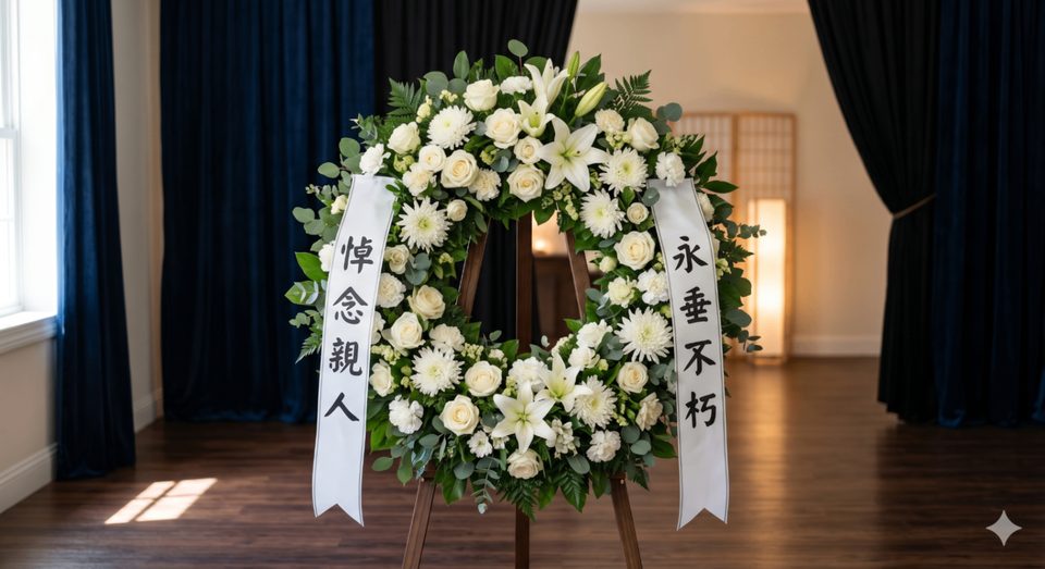 香港殯儀服務聯絡頁展示追思花圈與禮堂佈置，方便家屬查詢24小時支援