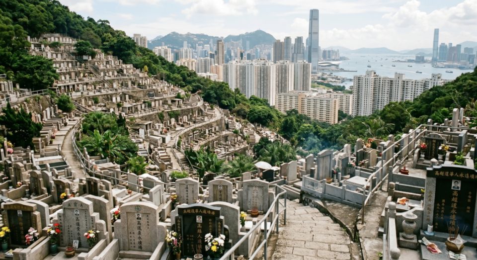 香港墓園與城市海景，配合紀念花園及海上撒灰綠色殯葬主題